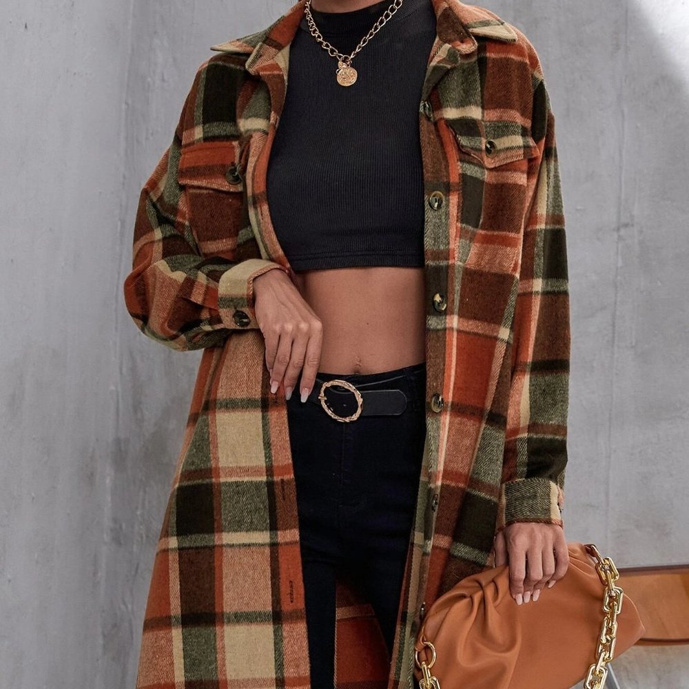 Casual Plaid Print Flap Pocket button down Duster Jacker Coat - Picture 3 of 7